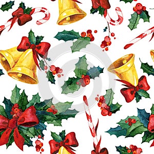 Seamless watercolor Christmas background with holly, golden bells, candy cane and red ribbon