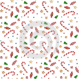 Seamless watercolor Christmas pattern background with candies, firs, stars and balloons on white background