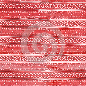 Seamless watercolor Christmas pattern background with white tracery on red watercolor background