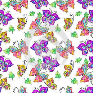 Seamless Watercolor color flowers and butterflies frame