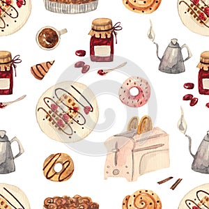 Seamless watercolor cozy pattern with sweets