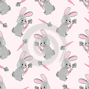 Seamless watercolor cute bunny with carrot pattern.