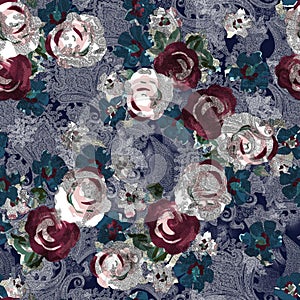 Seamless watercolor digital flower and paisley pattern