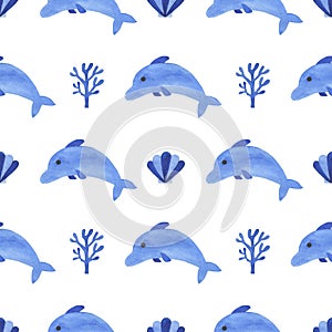 Seamless watercolor dolphin beautiful children illustrations of the fairy tale characters collection Underwater landscapes corals