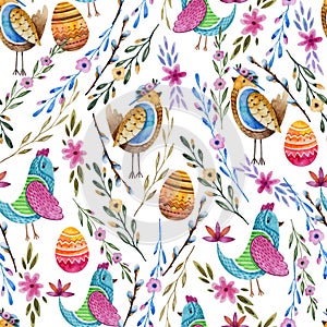 Seamless watercolor easter background made up of birds, eggs and flowers