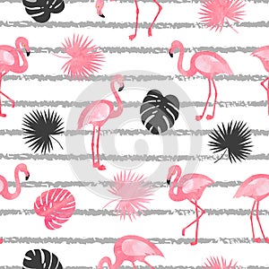 Seamless watercolor flamingo bird pattern. Vector tropical background with flamingos and leaves