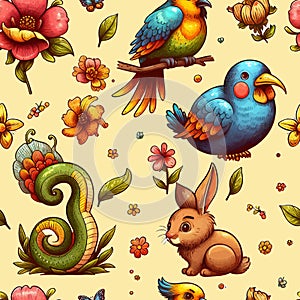 Seamless, watercolor floral bouquet, bright flowers, snake and exotic birds. Vector, generative ai.