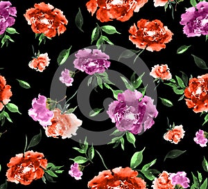 Seamless Watercolor Floral Design on Black Background Ready for Textile Prints.