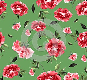 Seamless Watercolor Floral Design on Green Background Ready for Textile Prints.