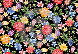 Seamless watercolor floral design with leaves on black background for textile prints.