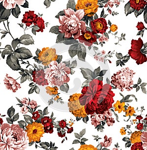 Seamless watercolor floral design with white background for textile prints Seamless watercolor floral design with white background