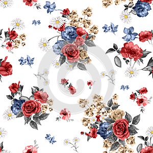Seamless Watercolor Floral Pattern, Beautiful Flowers Bouquet on White Background.