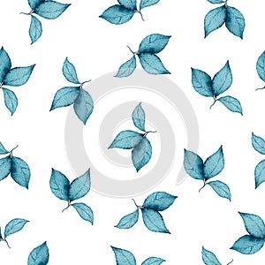 Seamless watercolor floral pattern with blue leaves and branches on white background, perfect for wrappers, fabric, wallpapers