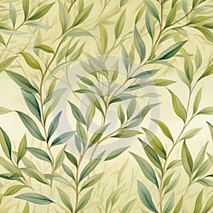 Seamless watercolor floral pattern. Green leaves and branches on light olive background