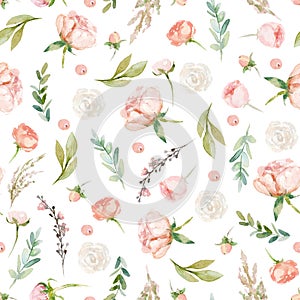 Seamless watercolor floral pattern with isolated flowers and leaves composition on white background