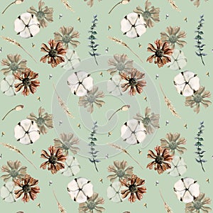 Seamless watercolor floral pattern on light green background with cotton, dried flowers, eucalyptus branches