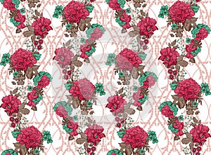 Seamless watercolor floral pattern - pink blush flower elements, green leaves branches on white background wrappers, wallpapers,