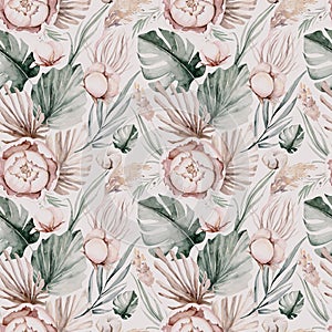 Seamless watercolor floral pattern pink blush flowers elements, green leaves branches on white backgroundfor wrappers, wallpapers photo