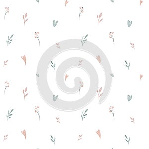 Seamless watercolor floral pattern pink blush flowers elements, green leaves branches on white backgroundfor wrappers, wallpapers
