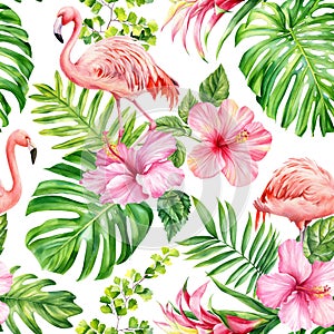 Seamless watercolor floral pattern, pink flamingo bird, summer background tropical hibiscus flowers, palm leaf Hawaiian