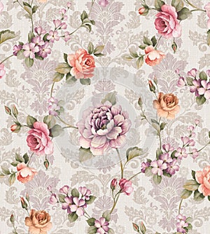 Seamless watercolor floral pattern - pink flowers, branches of green leaves on a background of damask pattern