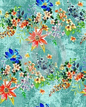 Seamless Watercolor Floral Pattern. Repeated Design of Small Flowers and Leaves.