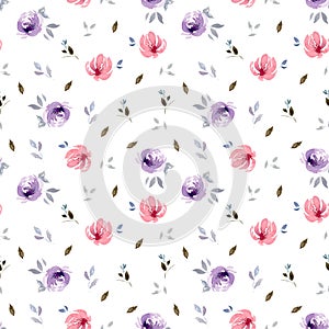 Seamless watercolor flower pattern with leaves. Isolated on a white background