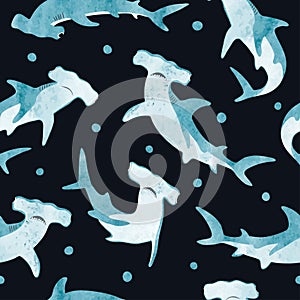 Seamless watercolor hammerhead shark pattern