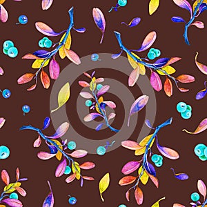 Seamless watercolor hand painted cowberry pattern with trendy berries and nature elements. Lingonberry on dark background.