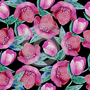 Seamless watercolor hand painted floral pattern with of burgundy hellebore flowers on black background. for wallpaper or