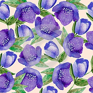 Seamless watercolor hand painted floral pattern with of lilac hellebore flowers on milky background. for wallpaper or