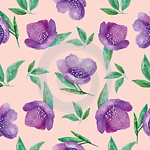 Seamless watercolor hand painted floral pattern with of purple hellebore flowers on peach background. for wallpaper or