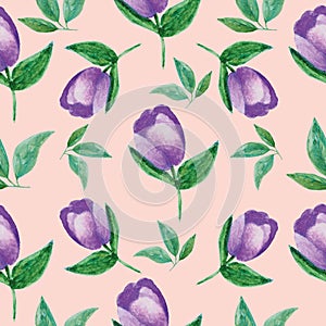 Seamless watercolor hand painted floral pattern with of purple hellebore flowers on peach background. for wallpaper or