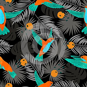 Seamless watercolor Hummingbirds and exotic tropical palm leaves pattern.