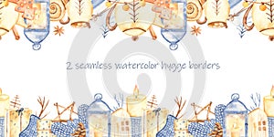 Seamless watercolor hygge borders. Lantern, candle, wooden saw cut, star from branches, tree, baking, pillow, mittens, house, cand