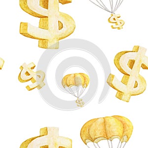 Seamless watercolor illustration of Golden Dollar and dollar Sign Parachuting.