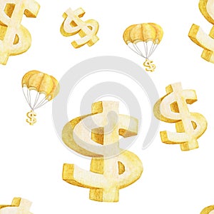 Seamless watercolor illustration of Golden Dollar and dollar Sign Parachuting.