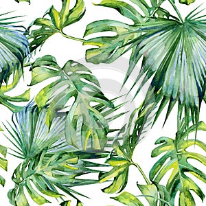 Seamless watercolor illustration of tropical leaves