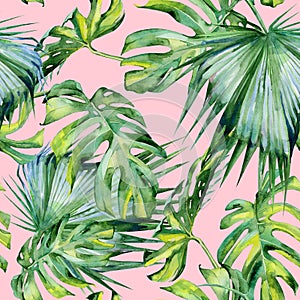 Seamless watercolor illustration of tropical leaves, dense jungle.