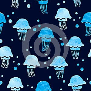 Seamless watercolor jellyfish pattern. Vector blue sea background