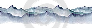 Seamless watercolor linear pattern, border. Blue mountain landscape. On white isolated background