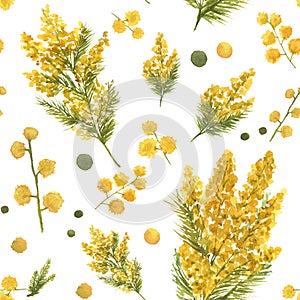 Seamless watercolor mimosa pattern with green leaves and yellow branches on white background