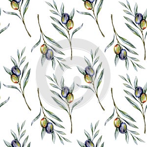 Seamless watercolor olives pattern with olive branches. Olives background for wallpapers, postcards, greeting cards, wedding