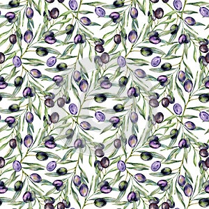 Seamless watercolor olives pattern with olive branches. Olives background for wallpapers, postcards, greeting cards, wedding