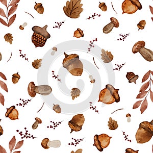 Seamless watercolor paint background of dry leaves, oak, mushroom and berry. Autumn seasonal background