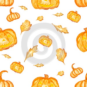 Seamless watercolor paint background of Halloween. Pumpkin and dried leaf