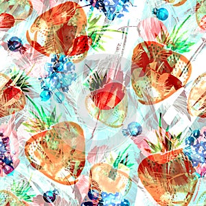 Seamless watercolor pattern. Abstract background with branches of pine, cedar, spruce. Strawberry berry, abstract paint splash. Ca