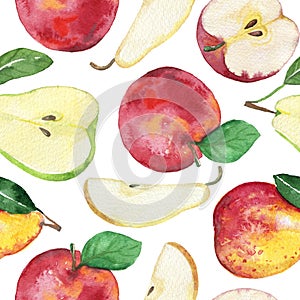 Seamless watercolor Pattern of apple and pear on a white background. Isolated hand draw illustration