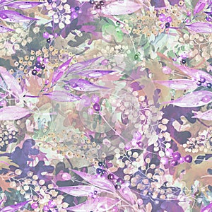 Seamless watercolor pattern of autumn leaves.purple, pink, lilac maple and oak leaf. berry branch, blueberries, currant.stylish pa