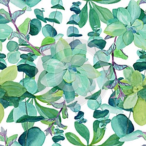 Seamless watercolor pattern of baby blue eucalyptus